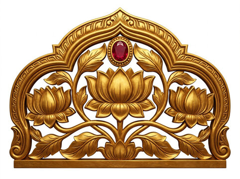 Golden Lotus Sinhasan Throne Backrest with Floral Vines, Red Gemstone and Ornate Relief