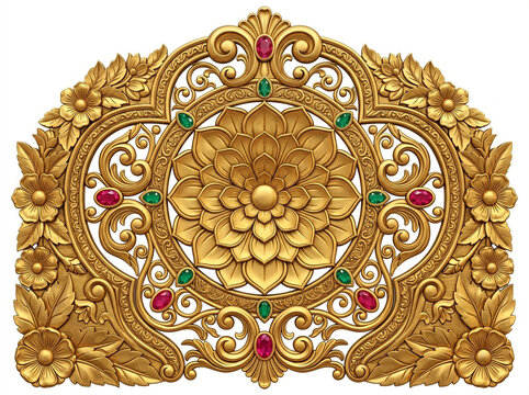 Golden Jeweled Floral Medallion Sinhasan Throne Backrest with Intricate Botanical Relief