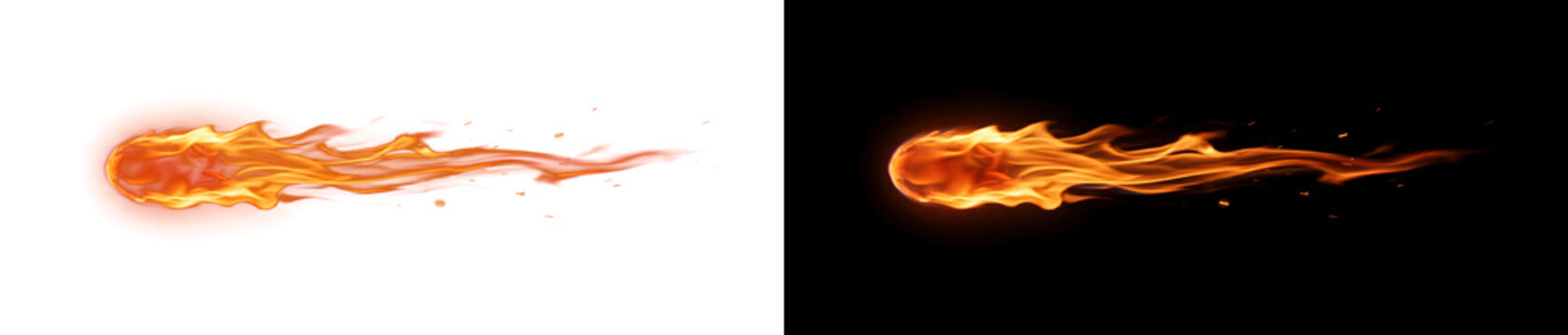 Fire ball flame streaks horizontally with a burning tail and glowing embers perfect for action designs in PNG, Transparent and Black Background Versions