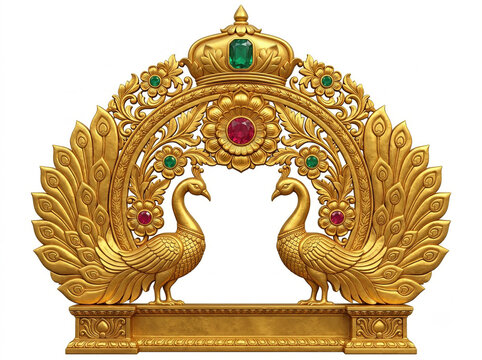 Golden Peacock Sinhasan Throne Backrest with Symmetrical Birds, Floral Arch and Ornamental Relief
