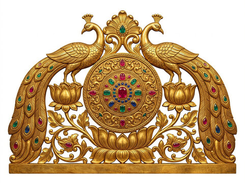 Golden Peacock Sinhasan Throne Backrest with Jeweled Medallion, Lotus Flowers and Floral Relief