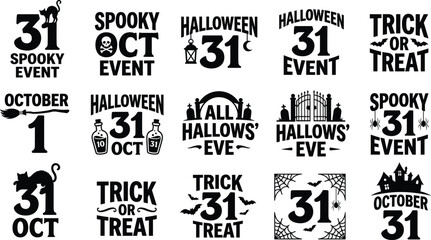 Obraz premium Halloween Typography Badge Collection with Trick or Treat Spooky Event and October Thirty First Quotes for Graphic Design Projects