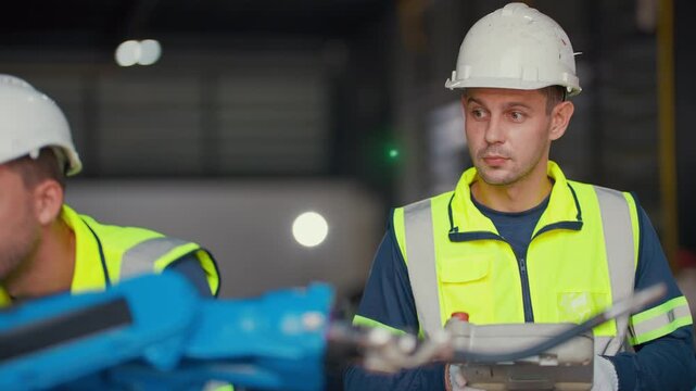 Blue robotic arm moves precisely in factory setting. Two workers in safety gear observe with focused attention. They stand near equipment