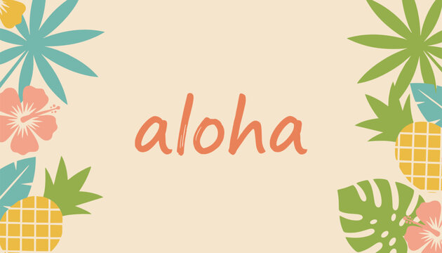 Colorful summer poster with aloha text framed by tropical green palm leaves, pineapples, and hibiscus flowers.