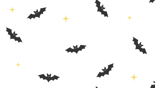 Spooky halloween seamless pattern with flying black bats and glowing golden stars on white background paper.