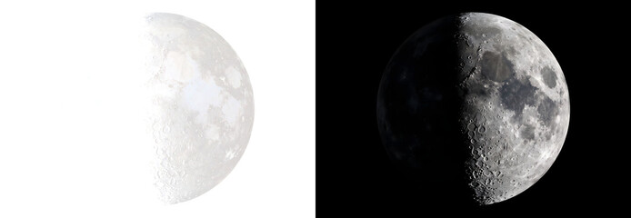 Waning gibbous moon reveals intricate cratered terrain in close up detail perfect for astronomy designs in PNG, Transparent and Black Background Versions © Crafter