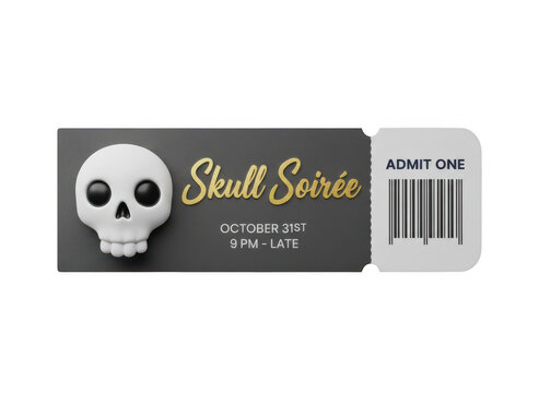 A small black ticket featuring a white human skull illustration with gold cursive text and a barcode section