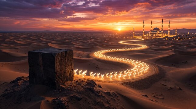 Winged figures walking on a desert path toward a glowing mosque at sunset.