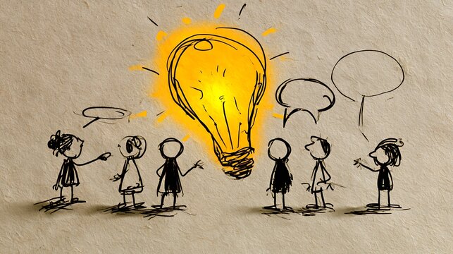 People brainstorming ideas together around a glowing lightbulb sketch