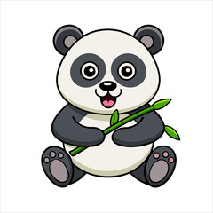 Cute cartoon panda bear sitting and holding a green bamboo stalk on white background © Mst