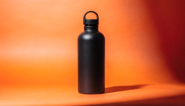 Black Reusable Water Bottle on Orange Background