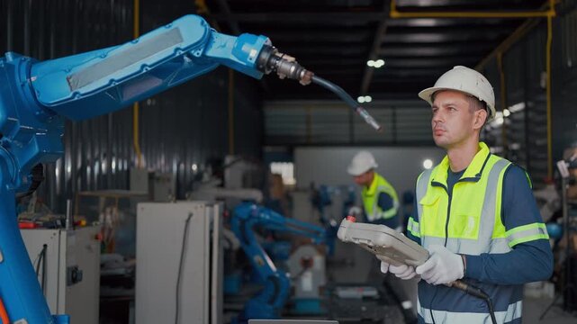 Worker controls robotic arm with handheld device. Focused operator in high-visibility vest. Industrial setting with blue robotic arm