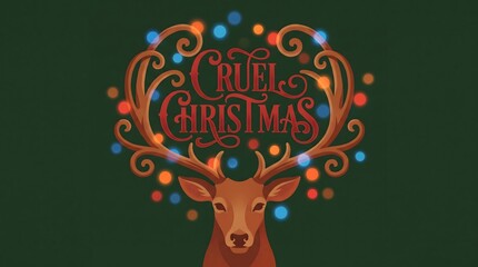 Merry christmas greeting card design featuring a stylized reindeer with colorful glowing lights on its antlers © HabibShariar