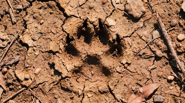 Close-up of a single animal paw print impressed in dry cracked earth.