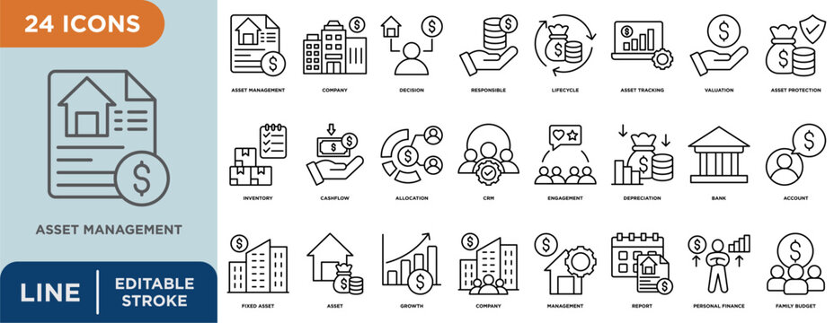 Asset management line icon set with editable stroke for  company, decision, responsible, lifecycle, asset tracking, valuation, asset protection