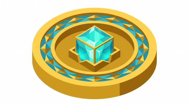 Isometric gold coin with glowing blue diamond cube center gemstone icon valuable object treasure