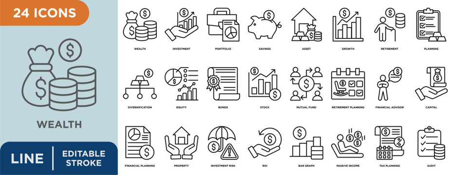 Wealth  line icon set with editable stroke for  investment, portfolio, asset, growth, retirement, planning, diversification