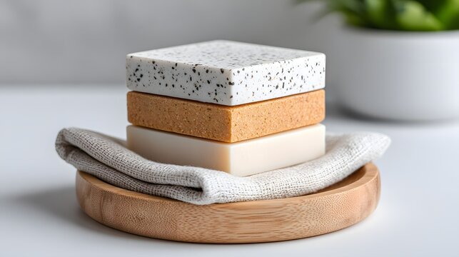 Stack of Three Artisan Soap Bars with Speckled, Orange, and Cream Layers on Linen Cloth and Bamboo Tray