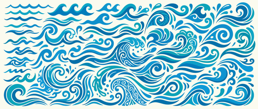 Set of hand drawn blue ocean waves and water swirls on white background, vector illustration