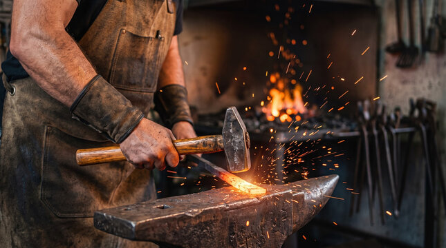Skilled Blacksmith Forging Glowing Hot Metal With Hammer on Traditional Anvil