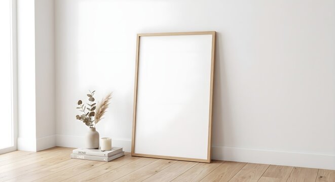 Blank vertical wooden picture frame mockup leaning against white wall on light oak floor with decor