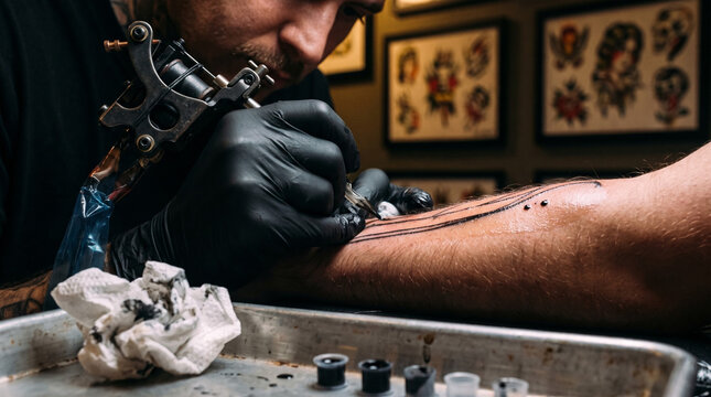 Tattoo Artist Creating Precise Linework on Client&rsquo;s Arm Using Professional Tattoo Machine
