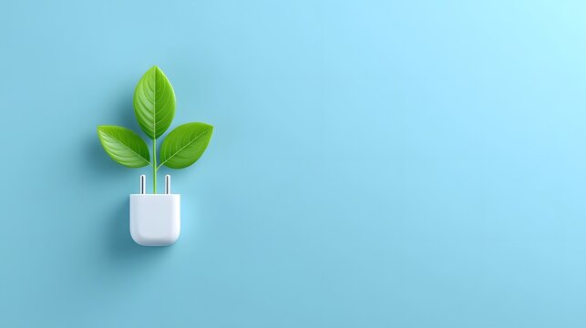 Green Energy Concept with Plant Growing from Electric Plug on Blue Background