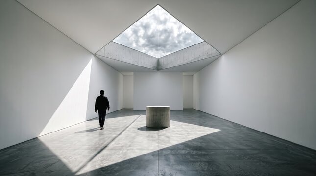 Silhouette of man walking in minimalist concrete room with dramatic skylight and geometric shadows, representing solitude, architectural design, and modern art space.