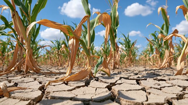 Droughtstricken corn plants wilt on cracked earth under a bright sky.