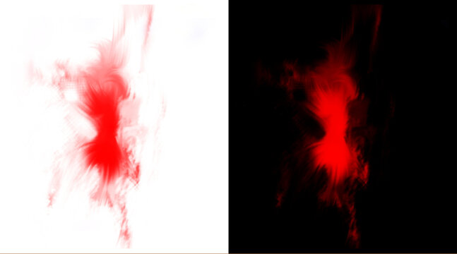 Abstract red smoke explosion on black and white background, ethereal ink splash texture, vibrant crimson cloud effect for creative design