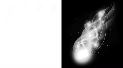 Glowing white smoke trail with magic sparkles on black background. Ethereal light wisps and swirling energy vapor. Abstract mystical smoke effect. © MstNadira