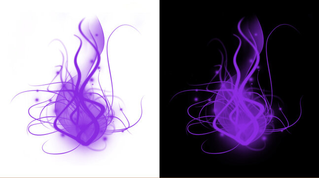 Purple magic fire swirl illustration, glowing violet energy trails on black and white backgrounds, mystical ethereal flame effect for fantasy design