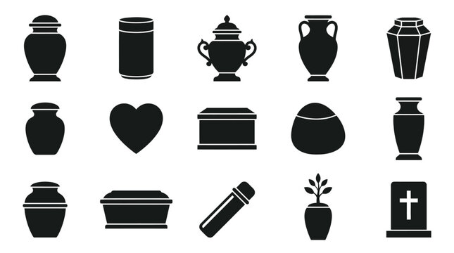 Funeral urn vector illustration set featuring various cremation containers and memorial symbols for burial services designs