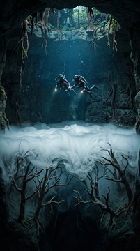 3D clay style scuba divers exploring mystical underwater cenote