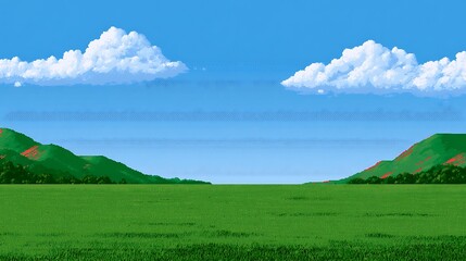 Obraz premium Pixel art grass field with blue sky and white clouds