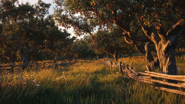 beautiful old rural apple orchard with twisted mature trees covered in ripe apples, tall grass and wildflowers beneath the trees, rustic wooden