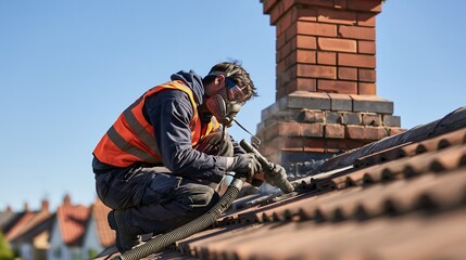 Fototapeta premium Construction worker cleaning roof to restore and maintain terrace tiles with high pressure washer. Roof repair service. Man in safety vest working.