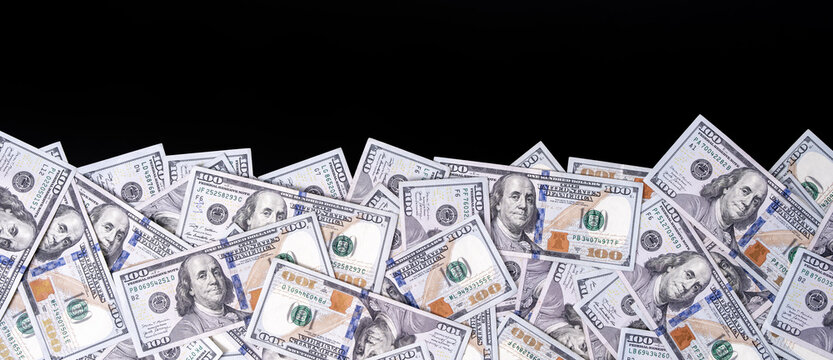 Money frame with dollars bills and copy space for text. US dollars currency banknotes. 100 USD notes forming a border for design. American dollars for copy space text. Cash and dollar bills design.