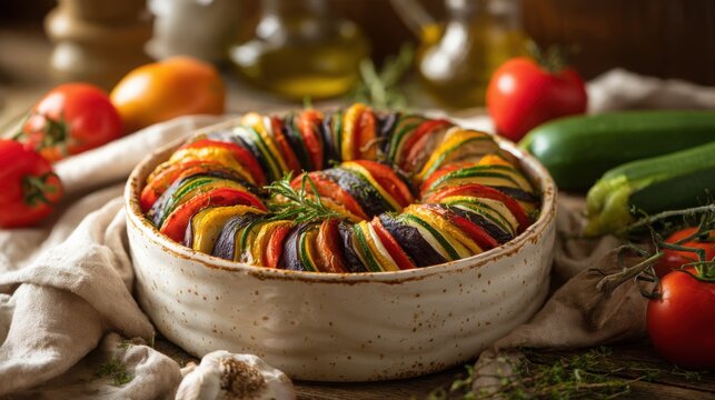 beautifully prepared rustic ratatouille made from farm fresh zucchini, eggplant, tomatoes, peppers and herbs, arranged in a handmade ceramic baking