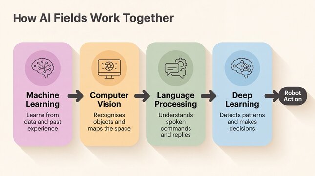 Four connected cards showing how machine learning, vision, language and deep learning lead to robot action