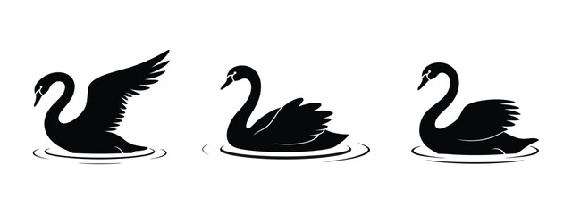 Swan Icon Set, graceful swan bird symbols in silhouette and outline styles for wildlife nature water lake and branding vector © maruf 1