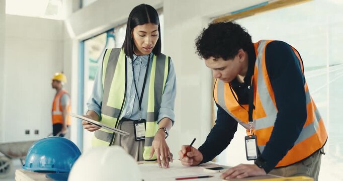 Tablet, construction or discussion with engineer blueprint feedback, schematic or project management. Tech, design document or people planning for building review, team inspection or site development