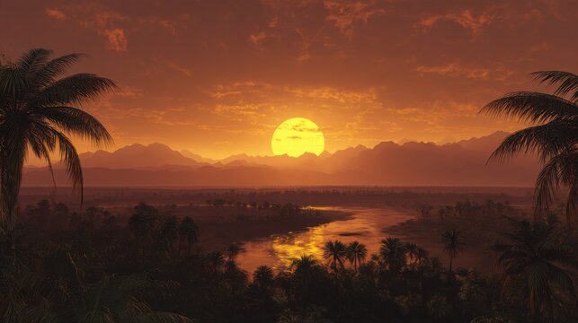dramatic tropical rainforest at sunset, enormous orange sun disappearing behind distant jungle mountains, glowing clouds and golden atmospheric haze