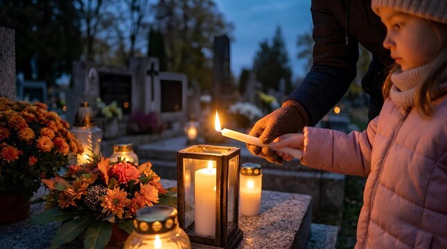 Child lighting candle at grave during memorial service.