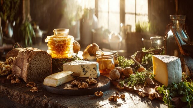 elegant premium farm product composition featuring artisan cheese, honeycomb, homemade bread, butter, walnuts, fresh herbs and seasonal fruit