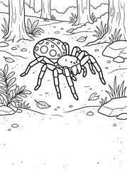 Fototapeta premium Cute cartoon spider with web, black and white coloring page. Part of a large matching collection of spider coloring pages for children and adults.