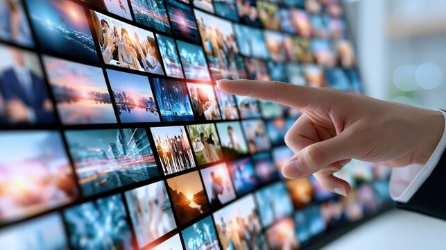 Hand touches a display grid of diverse visual media.