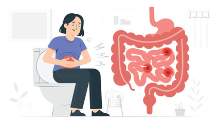 Obraz premium Woman consulting about digestive health with human intestine anatomy illustration