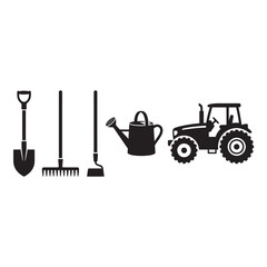 Fototapeta premium Agriculture tool silhouettes including shovel, rake, hoe, watering can and tractor, black vector isolated on white background