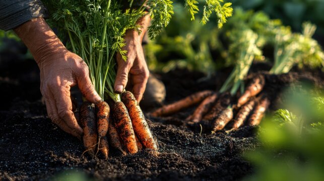 farmer s hands pulling fresh carrots from dark fertile soil, several carrots partially buried and others freshly harvested beside the plants
